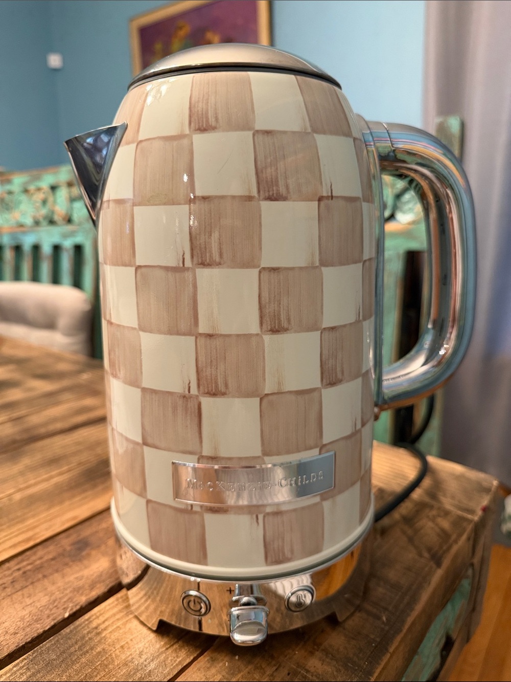 Mackenzie-Childs Mocha Check Electric Kettle with Chrome Accents